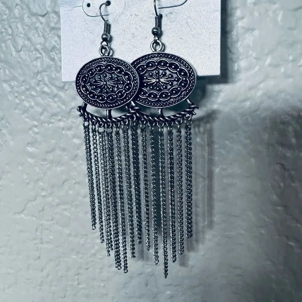 Icing Silver Medallion Cascading Chain Chandelier Earrings